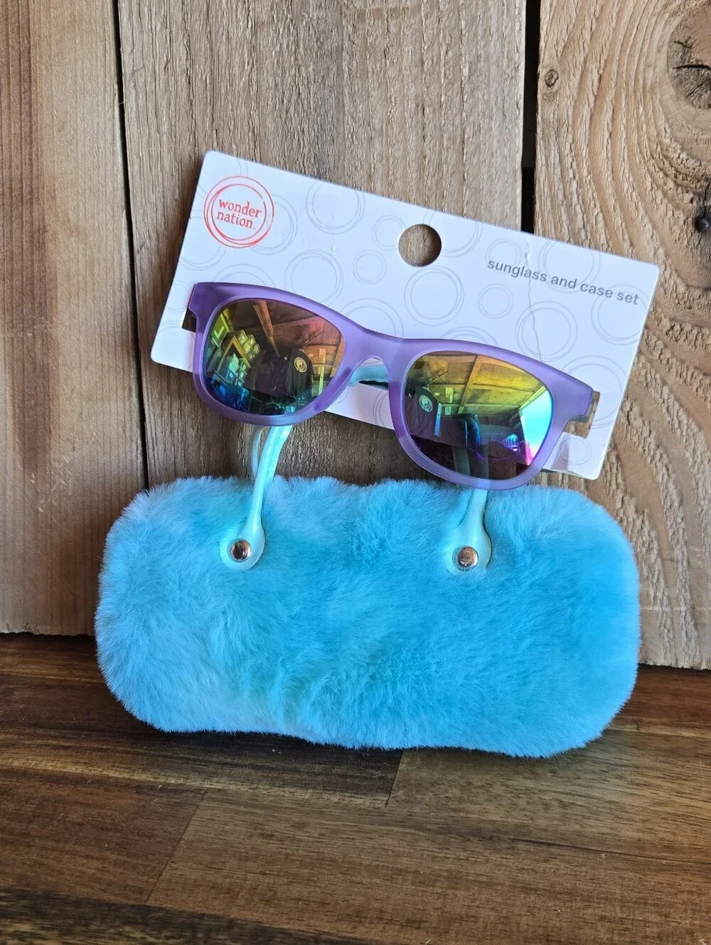 Wonder Nation Kids Purple Mirrored Sunglasses & Plush Blue Carrying Case Set NWT